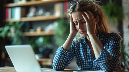 Wall Mural - Woman feeling stressed while working on her laptop. She has her head in her hands, a pained expression on her face, signifying a headache, frustration, or exhaustion.