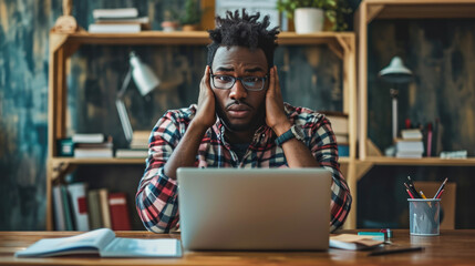Man feeling stressed while working on his laptop. He has his head in hands, a pained expression on face, signifying a headache, frustration, or exhaustion.