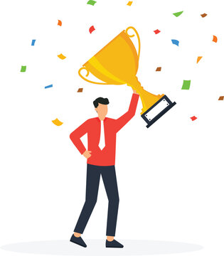 celebrate work achievement and success or victory or winning prize or trophy, challenge or succeed i