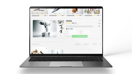 construction materials and hardware products. repair tools sales webpage. laptop mockup