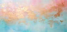 A Panoramic Abstract Texture Featuring Sparkling Golden Glitter Against A Backdrop Of Coral Pink And Aquamarine, Beautifully Blurred