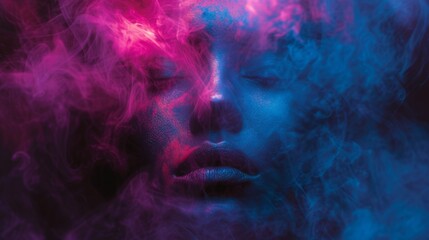 Abstract portrait with intense blue and pink color gel lighting, creating a dramatic and moody atmosphere