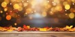 © Sona - Autumn-themed wooden table top with bokeh light and colorful leaves on a blur background.
