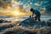 A Man Rescuing A Dolphin Stuck In A Fishing Net And Thrown Up On The Beach By The Sea, Ocean Pollution Problems, Banner For World Wildlife Day