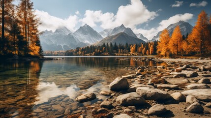 Beautiful mountain river scenery with clear still water, mountain ridge, dense forest, meadow shores and tall pine trees in the foreground.