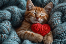 A Little Kitten Sleeps With A Woolen Heart.