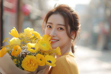 asian woman with a bouquet of spring flowers