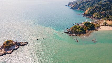 High angle drone shot of Kao Lanta, Krabi, Thailand on a clear day in the summer, suitable for family travel. walking tour resting