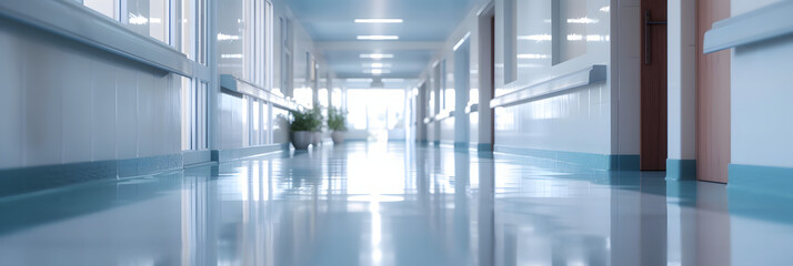 Wall Mural - Serene and spacious empty hospital hallway with unfocused background and clean, well lit environment