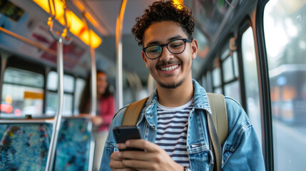 Poster - young man with glasses and curly hair is smiling while looking at his smartphone on a public bus, with blurred city lights and other passengers in the background