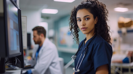 Poster - young medical professional with curly hair, wearing a blue scrub top and a stethoscope