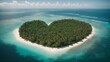 Heart shaped tropical island, a paradise with amazing palm trees on a white sand beach. Drone shot of a heart shaped tropical palm island in the ocean. Generative AI
