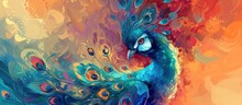 Colorful Painting Of Vibrant Majestic Peacock Bird With Beautiful Feathers Color. Generated AI Image
