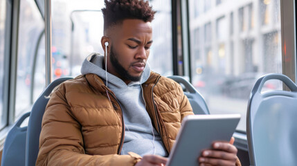 Poster - man is sitting in a bus, looking intently at his phone while wearing earphones, a hoodie, and a mustard-colored jacket, with the city passing by outside the window