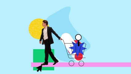 Wall Mural - Online shopping. Young man, programmer working on software development for comfortable internet purchases. Stop motion, animation. Concept of business, modern technologies, IT, innovations