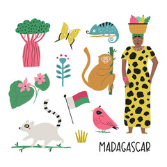 Wall Mural - Colorful image, frame art with animals, landmarks, symbols of Madagascar island