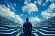 © mila103 - businessman standing at a fork in the road in a maze, looking thoughtful