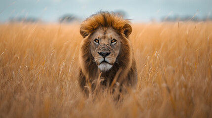 Wall Mural - Majestic Lion Staring Intently in Tall Golden Grass