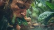 Survival - man drinking rain water from leaf in rainforest jungle.