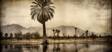 Damaged Sepia Photograph Of Palm Trees Alongside A Waterway In The Desert With A Distant Mountain Background, In The Style Of Wet Plate Collodion, Selectively Colored
