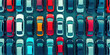 Overhead view of many different cars standing in rows in parking lot. Multicolored cars, texture wallpaper. Background for car dealership banner. 

