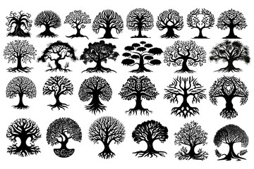 Yggdrasil Tree Of Life And Viking World Tree Symbols Icons Black Silhouettes Set Vector Collection. Viking Mythology Symbol