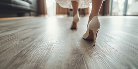 Wall Mural - Woman wearing classic high heel shoes, step on the spc flooring, closeup female legs in pretty shoes.