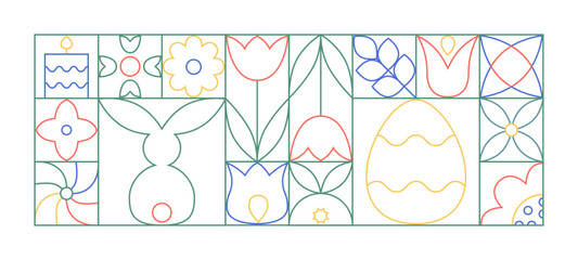 Wall Mural - Abstract line colorfull  easter geometric banner. Simple blocks with easter bunny, egg, candle, tulip, plants.