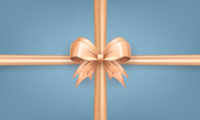 Wall Mural - Template of holiday wallpaper with realistic 3d beige bow knot with crossed ribbons in the center on soft blue background. Banner with tied bow with silk tapes as gift box or present wrapping element