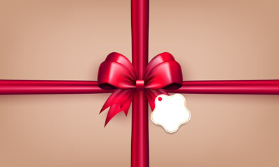 Wall Mural - Template of 3d pink bow with horizontal and vertical silk ribbons and paper label tag in the center on beige background. Red bow with crossed tapes as gift box wrapping or greeting card for holidays
