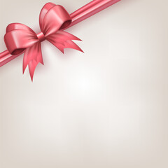 Wall Mural - Template of square banner with soft pink bow ribbon in the corner as frame and copy space for text on white background. Greeting card or gift box with realistic 3d tied bow and empty place