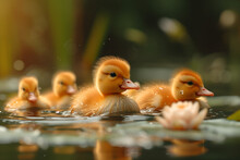 Playful Little Ducklings Swimming In A Picturesque Pond With Tall Reeds And Lily Pads. Created With Generative AI.