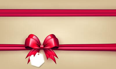 Wall Mural - Design of beige wallpaper with bright pink 3d bow and paper label tag with empty space for greeting text. Banner with realistic red bow with horizontal ribbon as frame for holidays cards