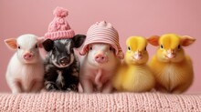  A Group Of Three Little Pigs Sitting Next To Each Other In Front Of A Pink Wall With A Pink Hat On Top Of One Of The Pigs's Heads.