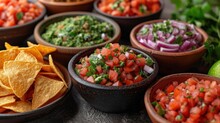  A Table Topped With Bowls Filled With Salsa And Tortilla Chips Next To A Pile Of Tortilla Chips Next To A Bowl Filled With Salsa And Tortilla Chips.