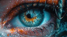  A Close Up Of A Person's Eye With Orange And Blue Paint On The Outside Of The Iris And The Inside Of The Iris Of The Iris Of The Eye.