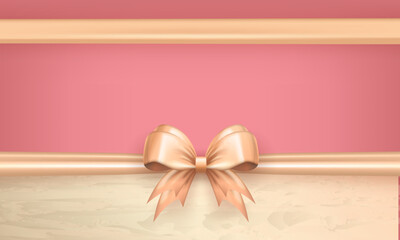 Wall Mural - Design of blank soft pink wallpaper with pastel beige 3d bow and golden border with empty space for greeting text. Banner with realistic bow and horizontal ribbon as frame for holidays card