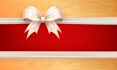 Wall Mural - Template of greeting card with white realistic 3d bow with silk horizontal ribbon, golden frame border on red background. Banner with cute satin bow knot as holidays gift box decoration 