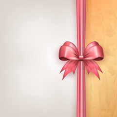 Wall Mural - Vector banner with pink realistic 3d bow and empty space for text. Wallpaper with silk bow and vertical ribbon, golden frame for greeting card or gift box for wedding, birthday, valentines day, etc