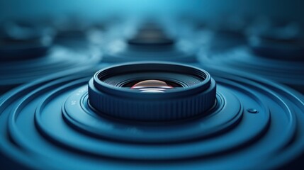  a close up of a camera lens on top of a blue object with smoke coming out of the top of the lens and a red object in the middle of the lens.