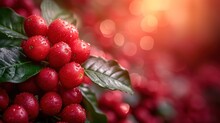  A Close Up Of A Bunch Of Red Berries On A Tree With Water Droplets On The Leaves And The Sun Shining In The Background With A Blurry Boke Of The Background.