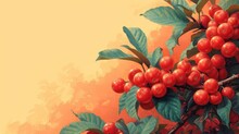  A Painting Of Berries On A Branch With Leaves On An Orange And Yellow Background With A Place For A Name On The Bottom Right Corner Of The Picture And Bottom Corner Of The Picture.
