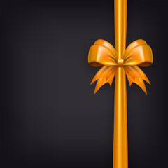 Wall Mural - Template of square banner with golden bow with vertical ribbon as frame and copy space for text on black background. Greeting card or gift box with realistic 3d tied bow and empty place
