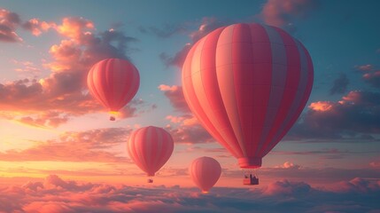 Wall Mural -  a group of hot air balloons flying in the sky with clouds in the foreground and a setting sun in the middle of the sky, with a few clouds in the foreground.