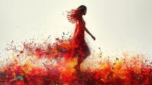  A Woman In A Red Dress Is Walking Through A Field Of Red And Orange Flowers With Music Notes All Over Her Body And Her Body, And Her Hair Blowing In The Wind.