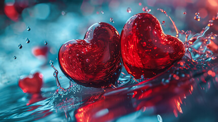 Wall Mural - Two glass transparent hearts against blue splashes of water, the concept of love