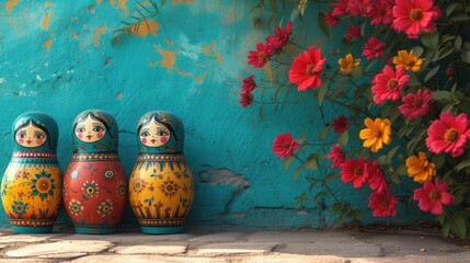 Wall Mural -  a group of three colorful vases sitting on top of a stone floor next to a blue wall with red and yellow flowers growing on the side of the wall.