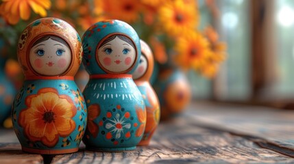 Wall Mural -  a close up of two small wooden dolls on a table with flowers in the backgrouf of the picture and a vase of sunflowers in the background.