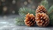  a couple of pine cones sitting on top of a snow covered ground next to a pine tree branch with drops of dew on the top of the pine cones, with a blurry background.