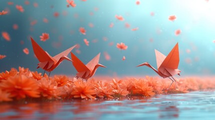 Poster -  a group of origami cranes flying over a body of water with orange flowers in the foreground and a blue sky in the background with pink flowers in the foreground.